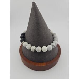 Gray Marble Look & Black Volcano Style Beaded Stretch Bracelet Neutral Stackable